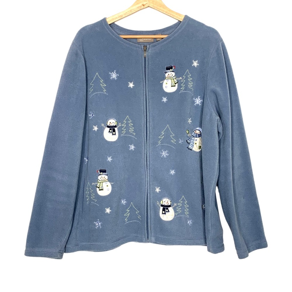 Croft & Barrow Fleece 1X Embroidered Christmas Zip Up Durable Sweater Smoky Blue